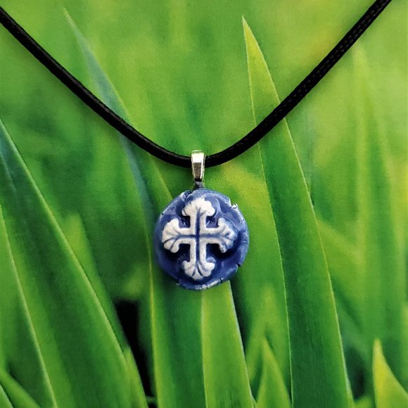 Handmade Ceramic Blue Fleur De Lis Cross Pendant Necklace - Picture 10 of 14